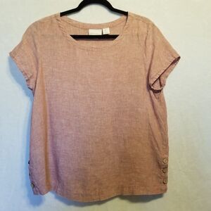 Cynthia Rowley L Top Pink 100% Linen Boxy Short Sleeve Side Buttons Beach Cruise